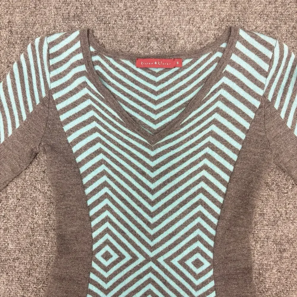 Krimson Klover Sweater Dress Chevron 100% Wool Blue Gray Skater Dress Size S